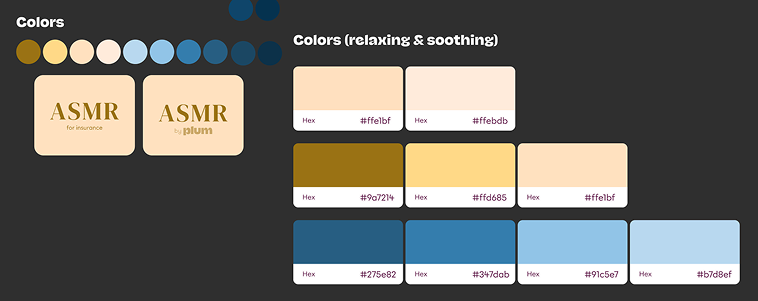 Relaxing and soothing color palette with hex values and logo lockups