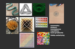 Moodboard of symmetry, pattern, repetition, and oddly satisfying textures