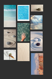 Moodboard of calming water, sand, and pool imagery