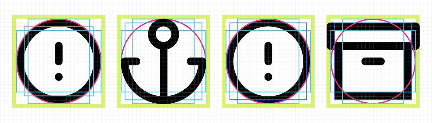 Four icons shown over the construction grid with keylines and bounding boxes