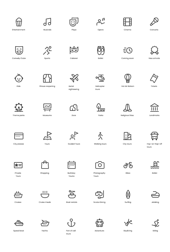 Shipped Headout icons across entertainment and experience categories