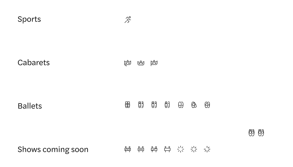 Icon iterations for Sports, Cabarets, Ballets, and Shows coming soon categories