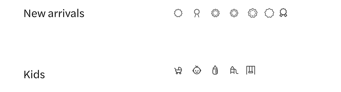 Icon iterations for New arrivals and Kids categories