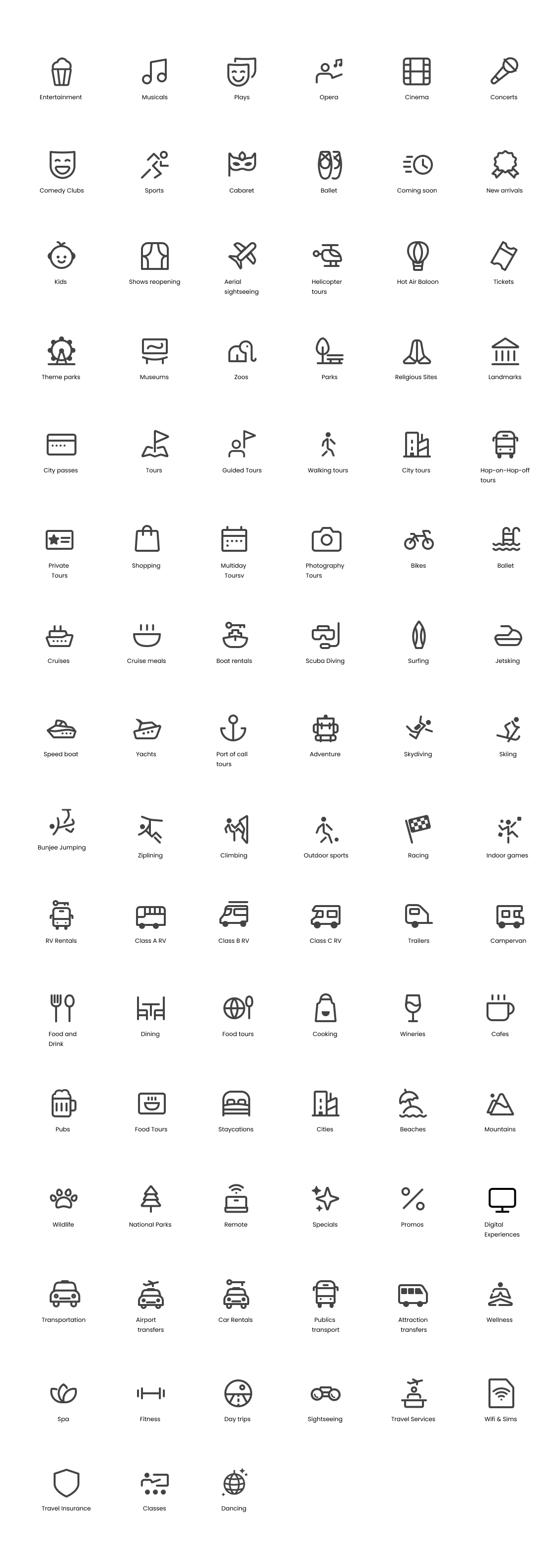 The full Headout icon library of 80+ icons across categories