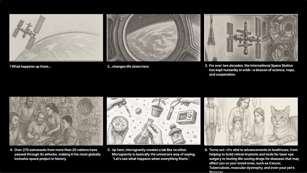 Storyboard frames 1 to 6: what happens up there changes life down here, from the ISS to healthcare breakthroughs