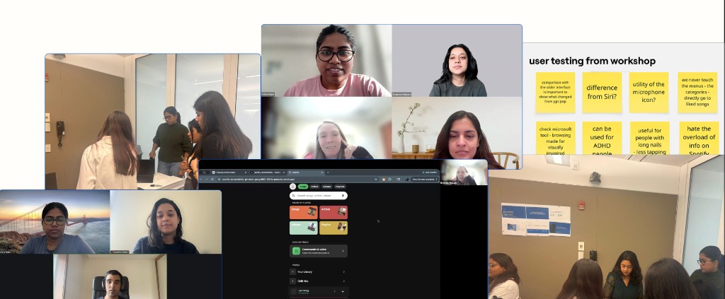 User testing collage — remote co-design calls, workshop sticky notes, and in-person sessions